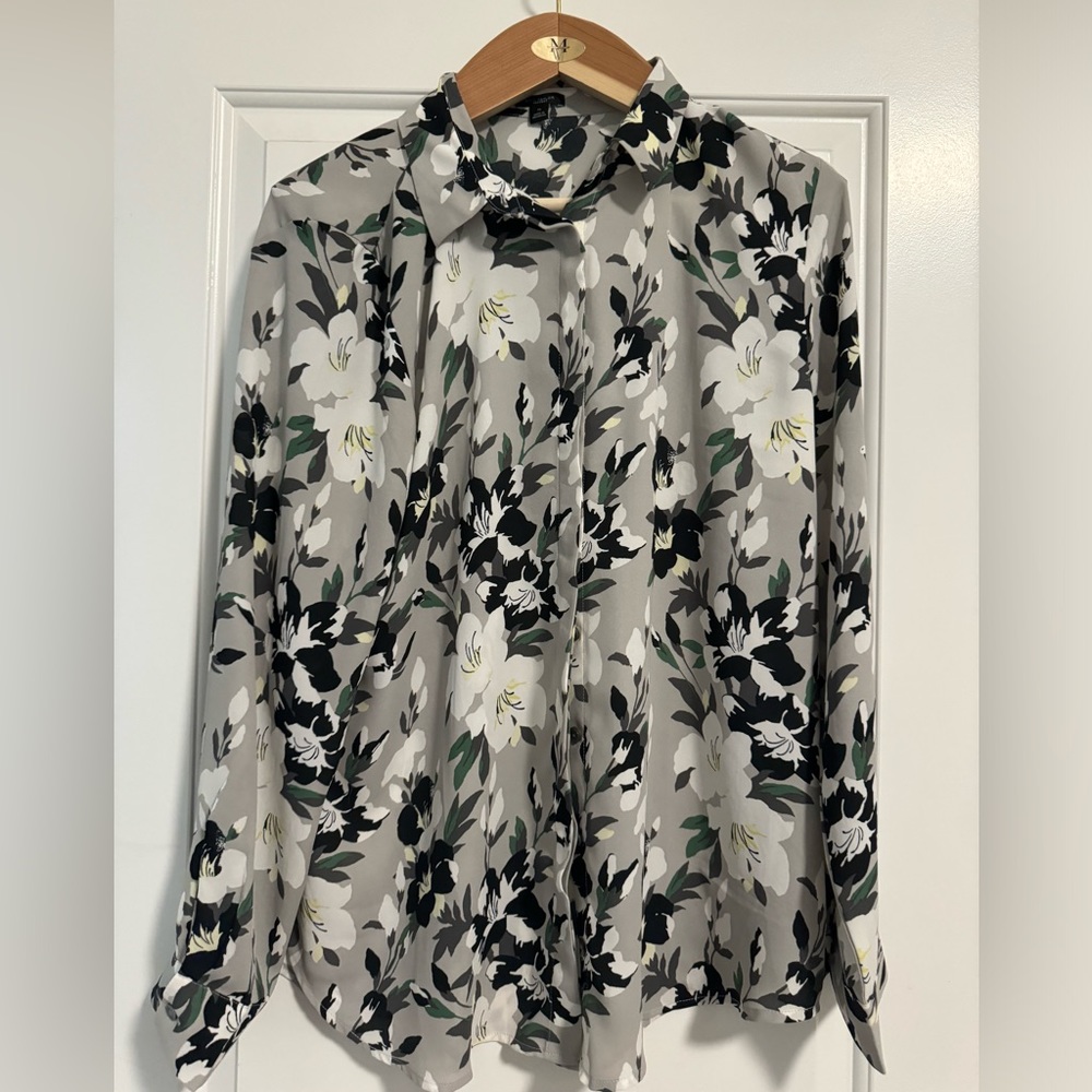 Grey Floral Button Up Top